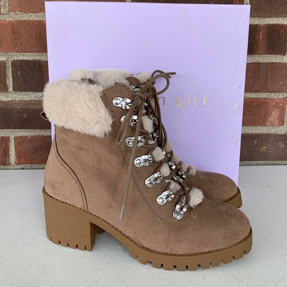 Madden Girl Shoes - Madden Girl Hidde Taupe Fur Cuff Lace Block Heel Ankle Boots Women's US size 8 M